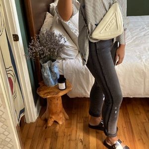 PAIGE, straight leg denim pants with frayed sides